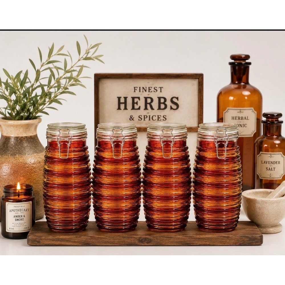Vintage Y2K Pier 1 Imports Amber Glass Canister Set Ribbed Apothecary Jars